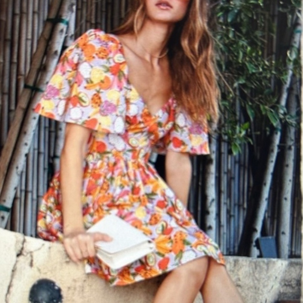 Fame and Partners Aidan Puff Sleeve Mini Dress Tropical Lilac Fruit Print Size 2